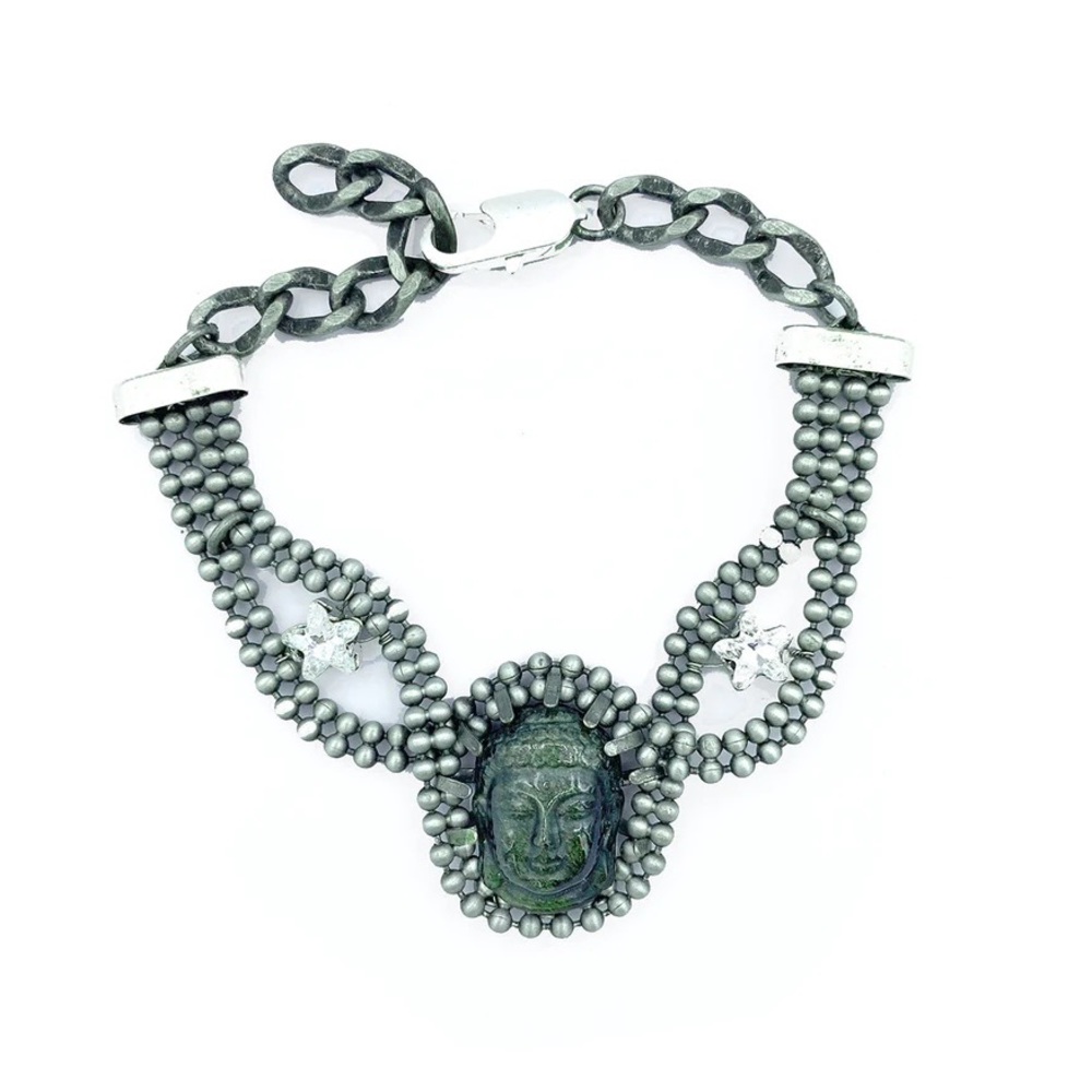 Cynthia Desser Golden Sheen Obsidian Buddha & Stars Silver Bracelet
